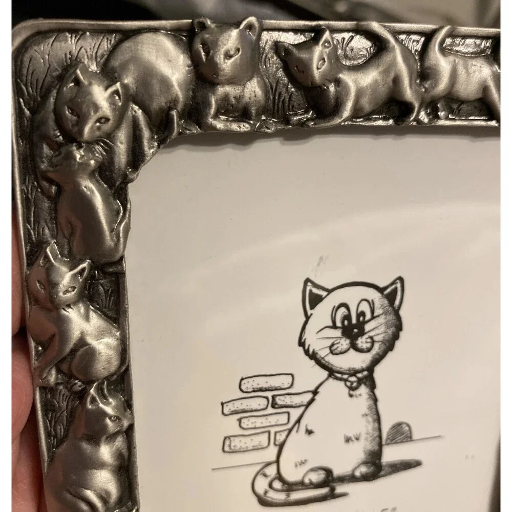 Vintage Pewter Metal Cat Picture Photo Frame Family Of Cats Kittens Playing Cute